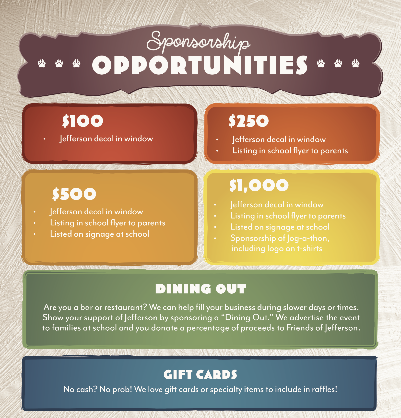 2023 membership flier showing different levels of community business sponsorship available to fund the friends of jefferson outreach program for Jefferson elementary in north park